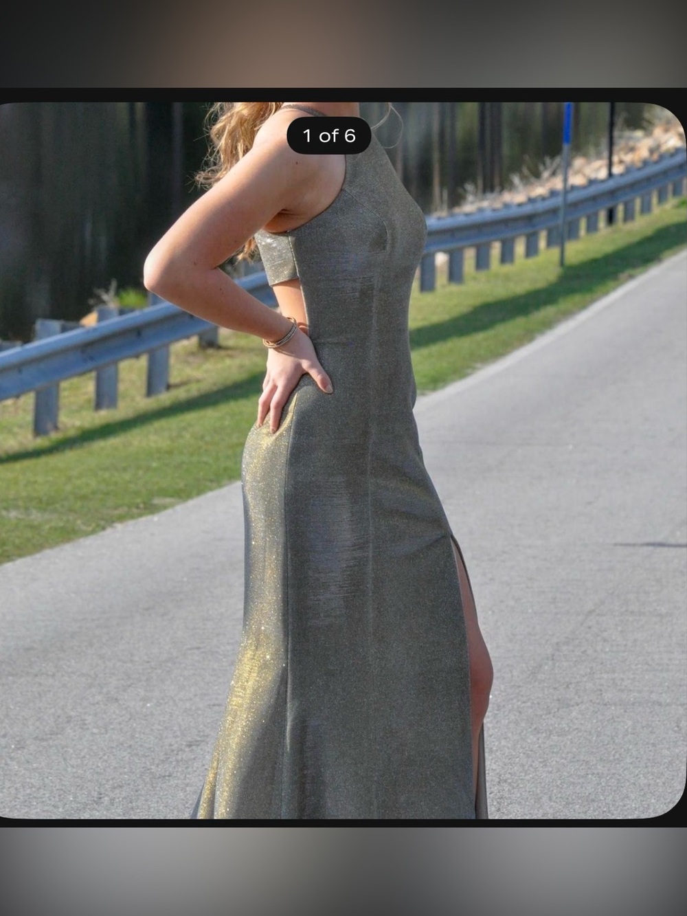 Sherri Hill Shimmery Olive-Green Cutout Prom Gown with Side Slit